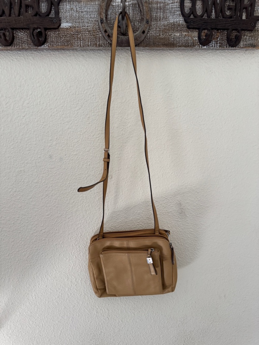 Tiganello Slim Tan Leather Crossbody Bag with Front Zip Pocket